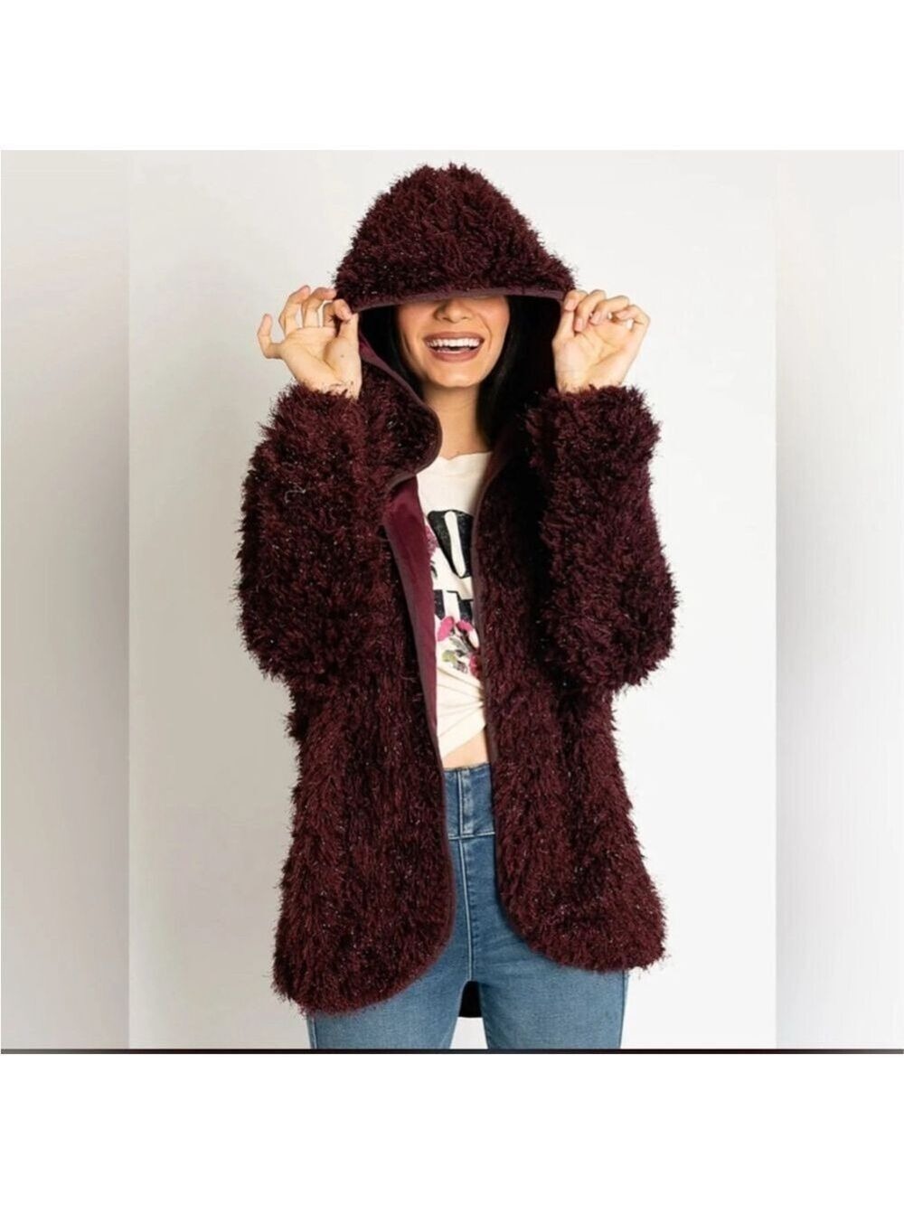 Women's Mia Joy Burgundy Shaggy Cardigan Sweater XL